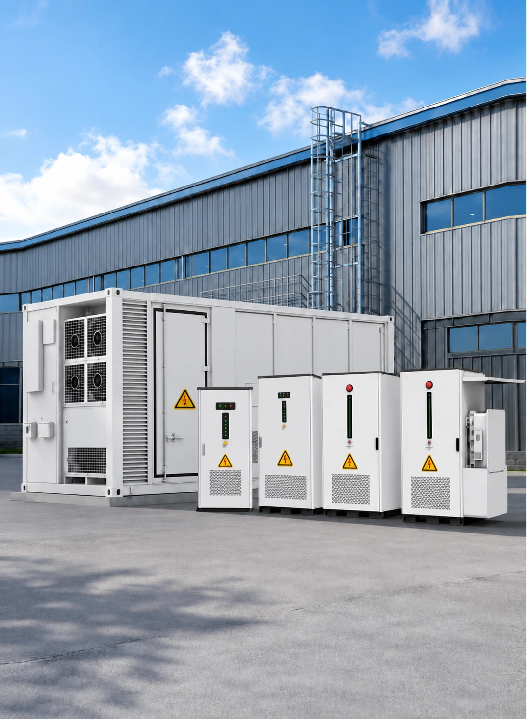 Illustrative containerized battery system with power conversion cabinets beside an industrial building